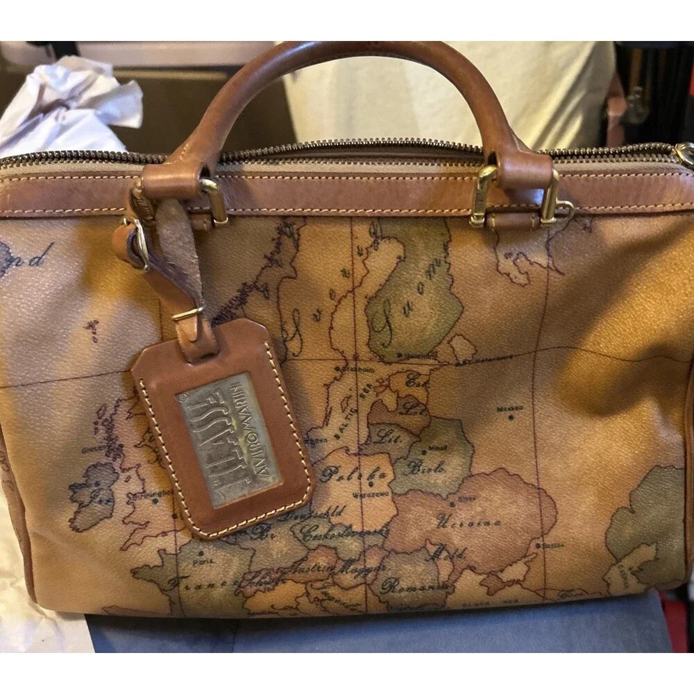 Alviero Martini World Geo Map Boston Satchel Italy canvas cognac leather good!